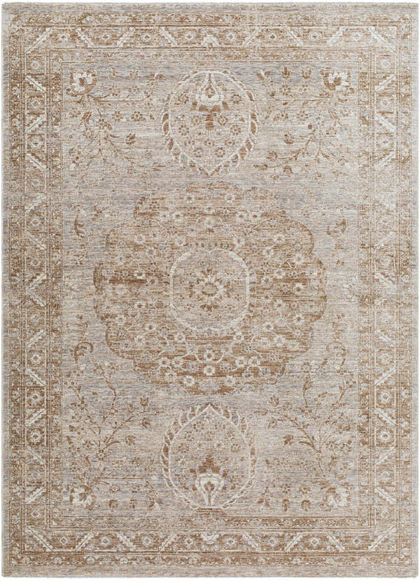 Close-up of the Cosimo Area Rug. Traditional style rug in cream, dark red, gray, and tan with floral and geometric patterns. Design-Rectangle-5710
