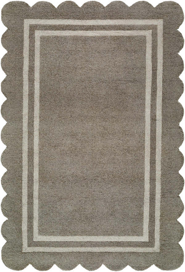 Hand-tufted Chogan Stone Gray Area Rug. Wool rug with scalloped edge and double border. Contemporary style. Design-Rectangle-576