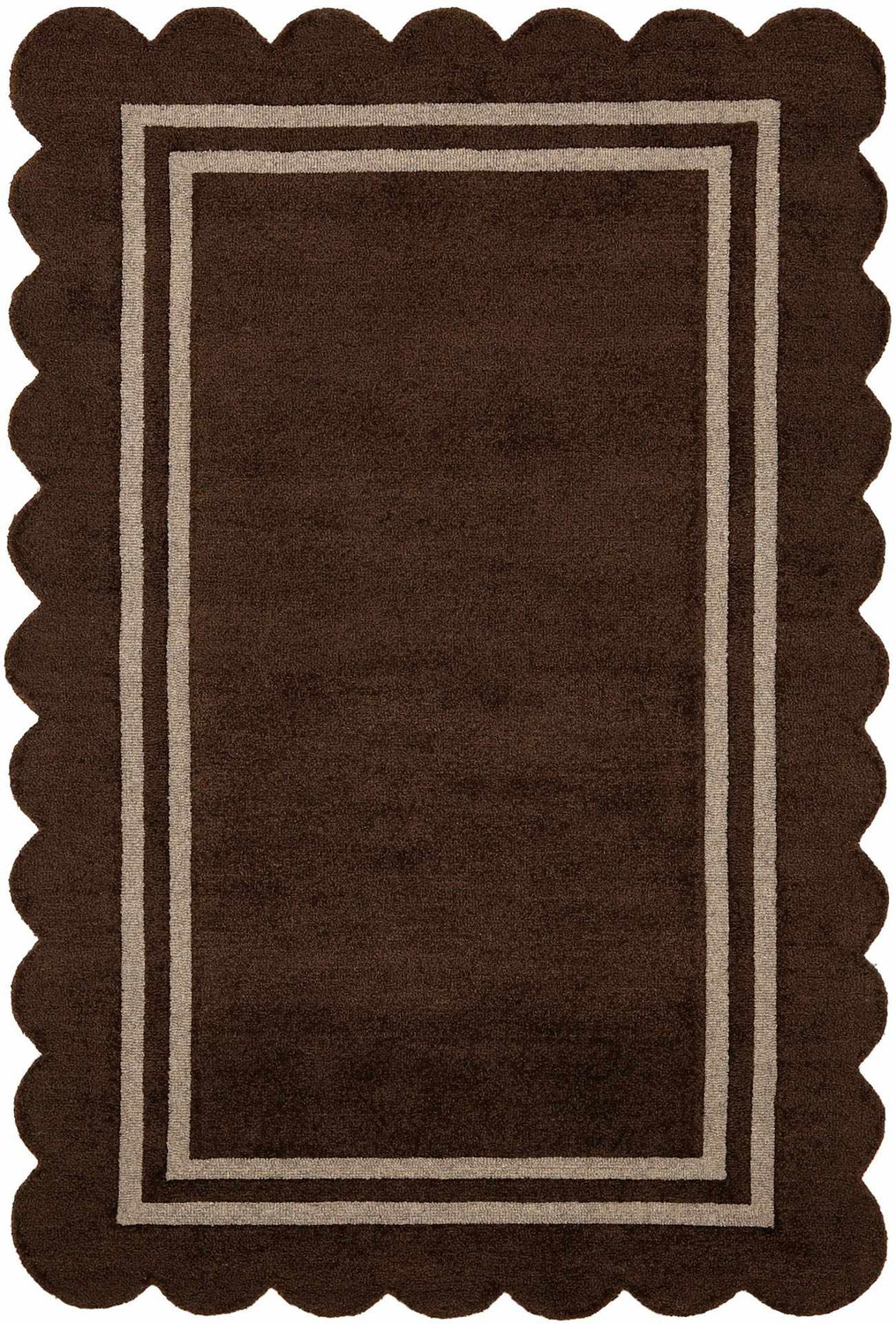 Close-up of the hand-tufted Chogan Chocolate Brown Area Rug. Features a scalloped edge and double border. 100% wool rug. Design-Rectangle