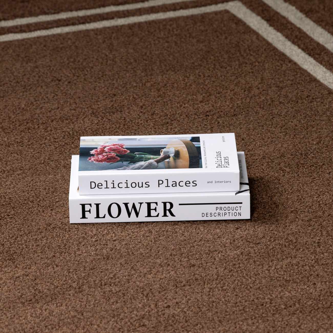 Close-up of the textured, chocolate brown Chogan Area Rug with a geometric border and stacked books. Styleshot
