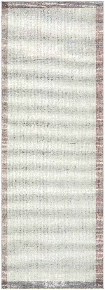 Close-up of the Olympic Border Area Rug. Beige rug with a dark and medium brown border. Farmhouse style. Design-Runner-2673