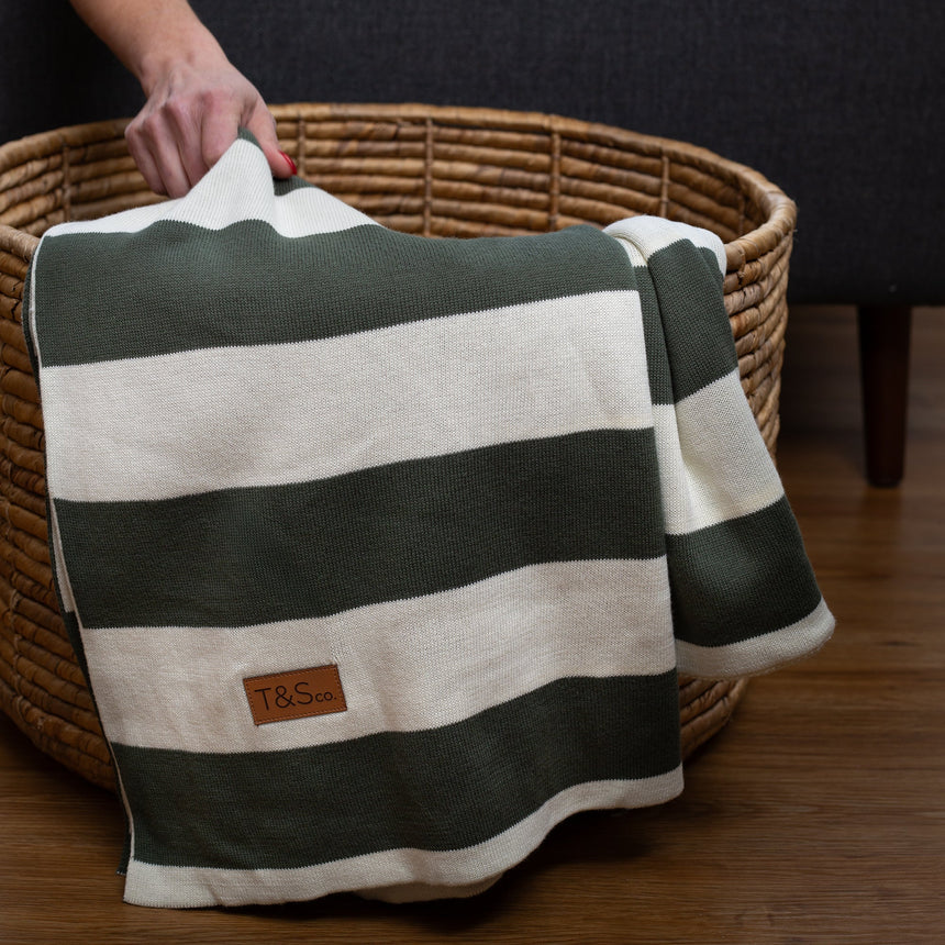 100% Cotton Knitted Throw - Chunky Stripe in Fir and Cream