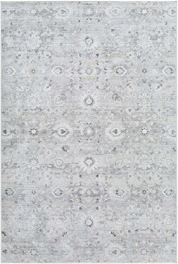 Close-up of the Cheyne Area Rug. Light silver, silver gray, and slate blue floral pattern. Traditional style. Design-Rectangle-537