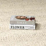 Close up of the Clarke Textured Braided Stripe - Dark Beige Area Rug showing texture and braided design with stacked books. Styleshot