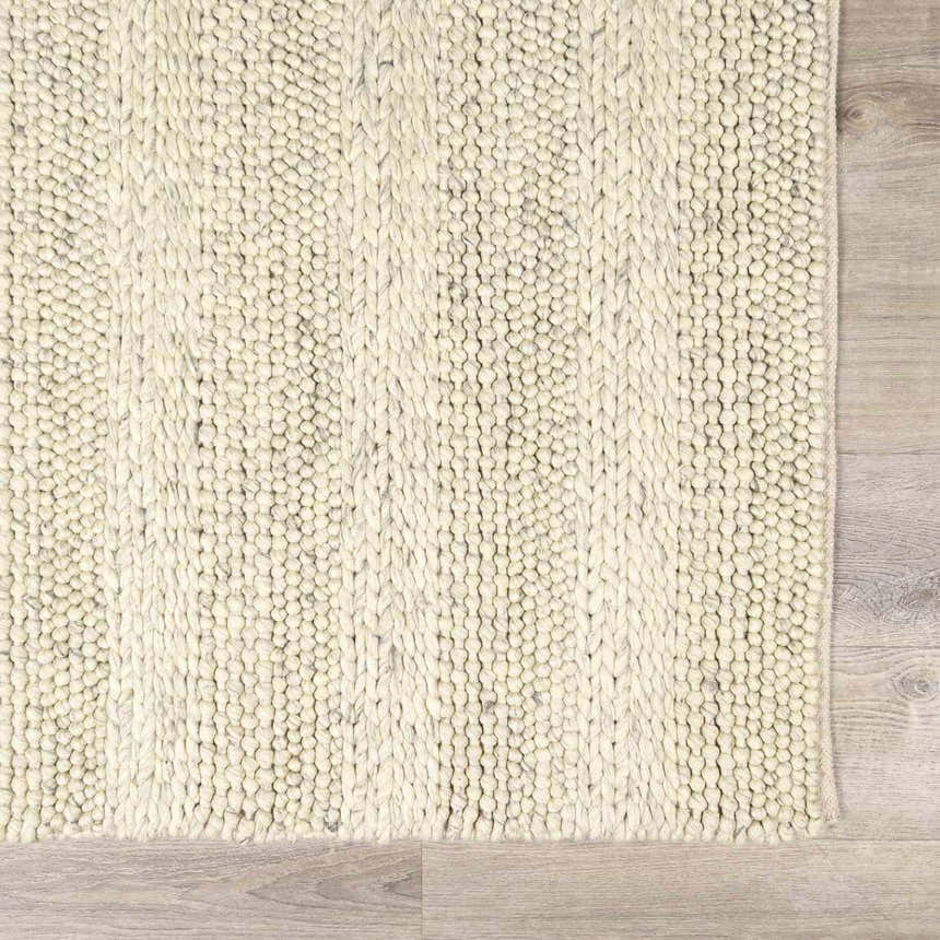 Close-up of the Clarke Textured Braided Stripe Rug in dark beige. Hand-woven wool rug with a textured, striped pattern. Swatch