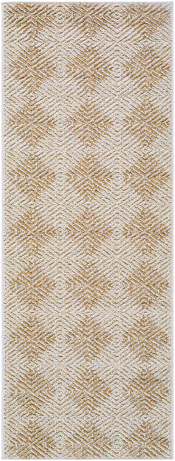Close-up of the Collen Area Rug. Beige and light beige diamond pattern. Machine woven polypropylene rug. Design-Runner-2773