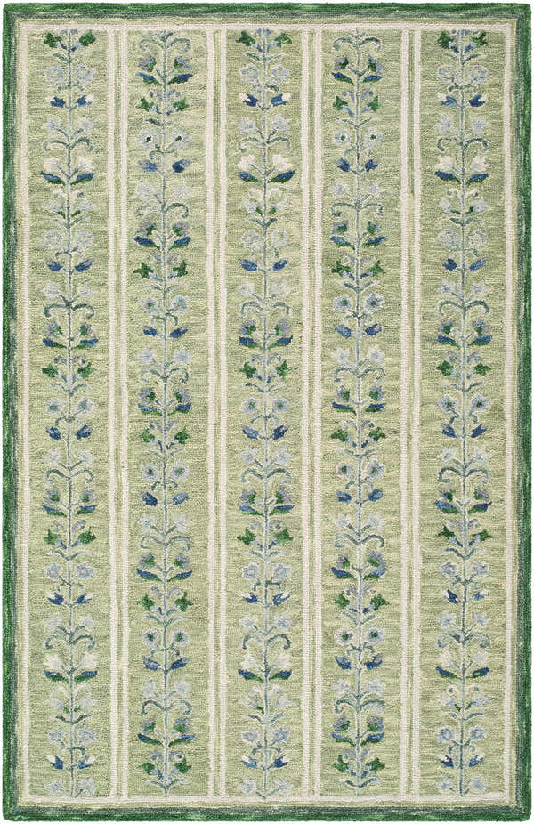 Hand-tufted Callen Light Green Area Rug with floral vine pattern and vertical stripes. 100% Wool. Design-Rectangle-576