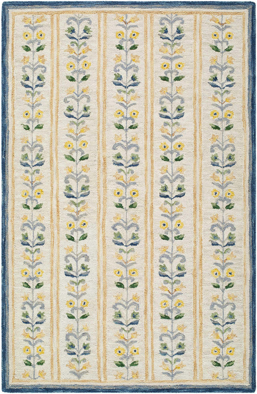 Close-up of the hand-tufted Callen Ivory Area Rug. Features a floral pattern with yellow flowers and a blue border. Design-Rectangle-576