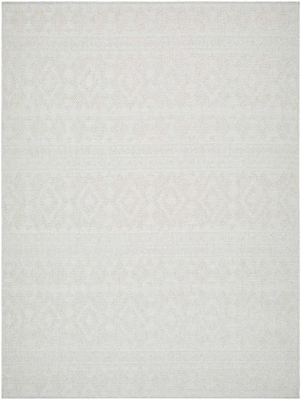 Close-up of the Choire Area Rug, a light silver rug with a subtle geometric diamond pattern and woven texture. Design-Rectangle-537