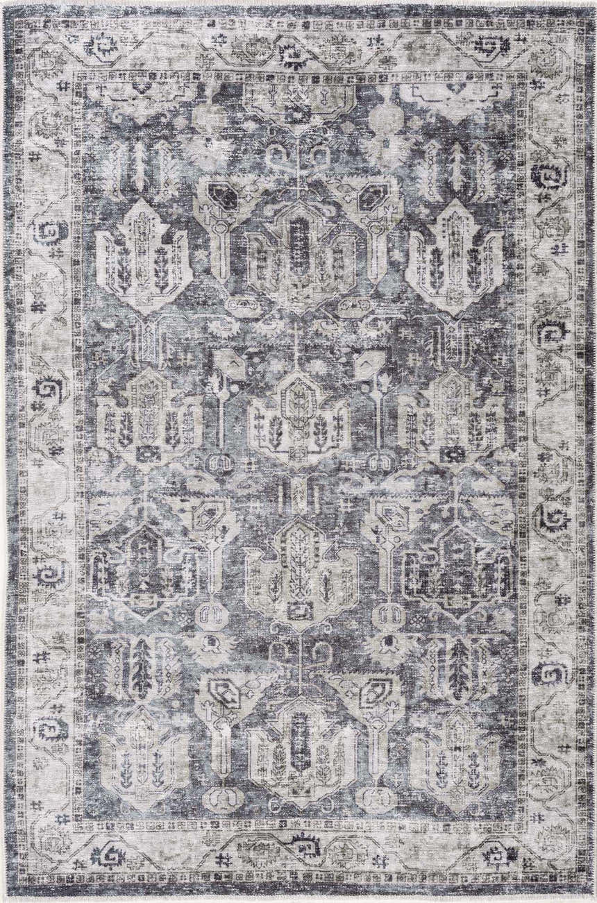Detailed texture of the Off White Holi-4602 Washable Area Rug. Traditional vintage pattern in beige, charcoal, gray, and off white. Design-Rectangle-5373