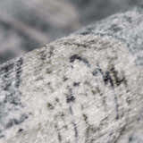 Close-up of the Off White Holi-4602 Washable Area Rug, showing its texture and beige, charcoal, and gray traditional vintage pattern. Fold