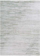 Close-up of the Corwin 3D Striped Washable Area Rug. Cream rug with horizontal stripes in sage, tan, and gray. Contemporary style. Design-Rectangle-6792