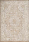 Close-up of the Charae Taupe Area Rug featuring a traditional, farmhouse design and subtle neutral colors. Design-Rectangle-6796