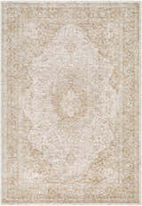 Close-up of the Charae Ivory Area Rug, a machine-woven rug with beige, sandstone, and taupe traditional patterns. Design-Rectangle-6796