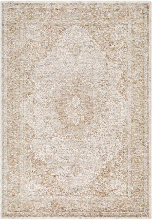 Close-up of the Charae Ivory Area Rug, a machine-woven rug with beige, sandstone, and taupe traditional patterns. Design-Rectangle-6796