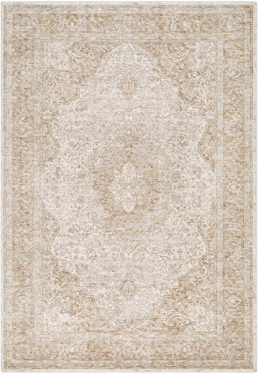 Close-up of the Charae Ivory Area Rug, a machine-woven rug with beige, sandstone, and taupe traditional patterns. Design-Rectangle-6796