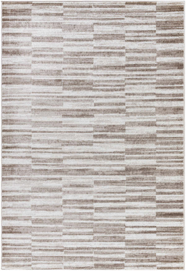 Close-up of Cemach Light Brown Area Rug with a contemporary stripe pattern in light silver, sage, and silver gray. Design-Rectangle-5373