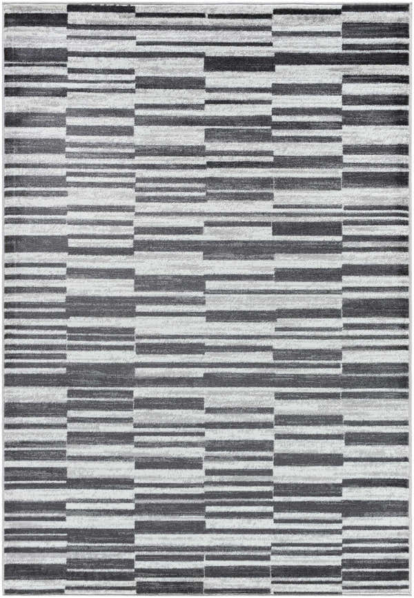 Close-up of Cemach Cream Area Rug featuring a contemporary stripe pattern in charcoal, silver, and gray hues. Design-Rectangle-5373