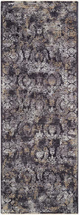 Close-up of the Alexei Area Rug. Machine-woven polyester rug in black, charcoal, gray, and tan with a farmhouse-style pattern. Design-Runner-2773