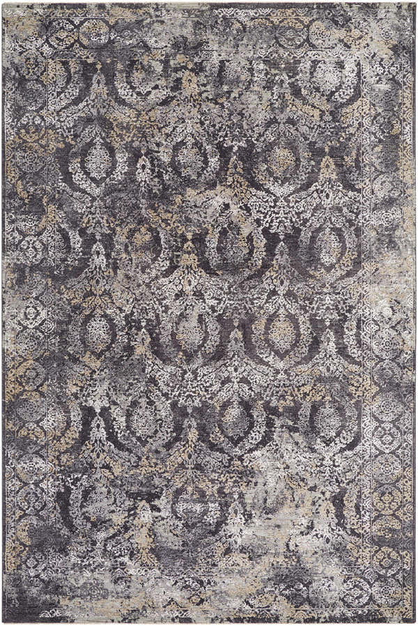 Detailed texture of the Alexei Area Rug in black, charcoal, gray, and tan with a traditional, ornate pattern. Design-Rectangle-6796