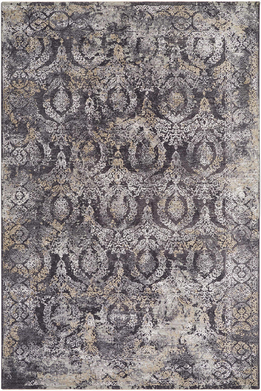 Detailed texture of the Alexei Area Rug in black, charcoal, gray, and tan with a traditional, ornate pattern. Design-Rectangle-6796