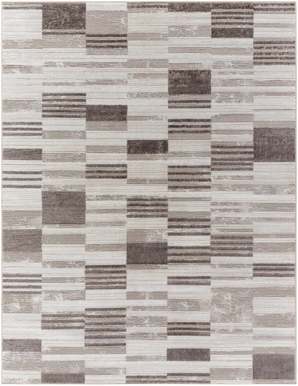 Close-up of the Chiaki Ivory Area Rug featuring a contemporary block pattern in ivory, light brown, gray, and taupe. Design-Rectangle-537