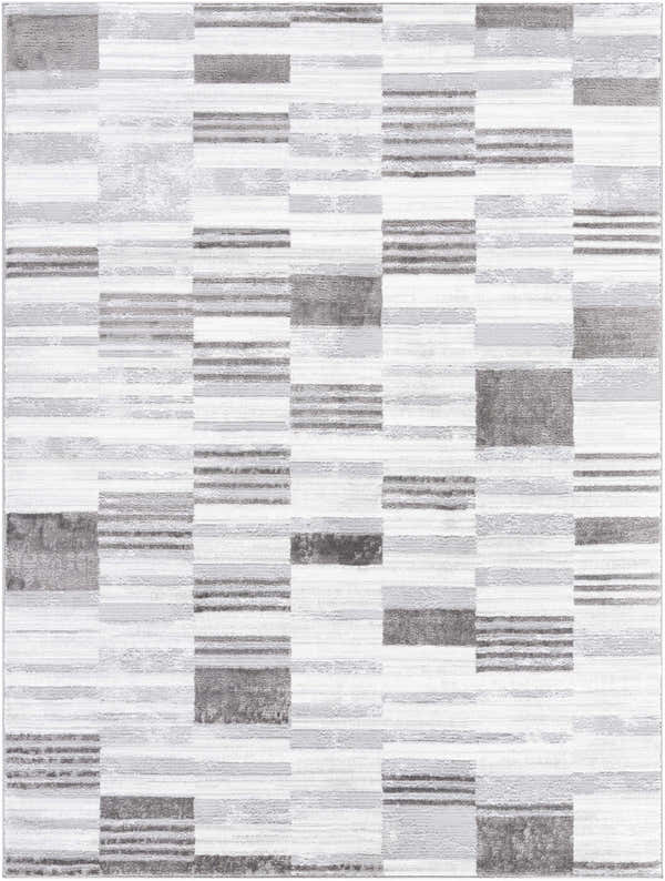 Close-up of the Chiaki Light Gray Area Rug featuring a contemporary block and stripe pattern in ivory, light, and silver gray. Design-Rectangle-537
