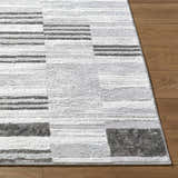 Close-up of the Chiaki Light Gray Area Rug showing its ivory, light gray, and medium gray geometric pattern. Front