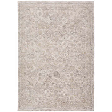 Close-up of the Dalyn Cyprus CY10 Gray Area Rug. Traditional floral pattern in beige, chestnut, ivory, and light gray tones.