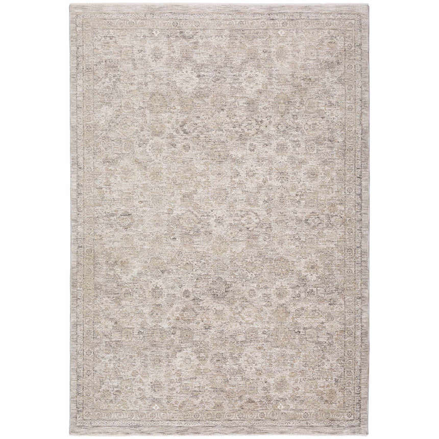 Close-up of the Dalyn Cyprus CY10 Gray Area Rug. Traditional floral pattern in beige, chestnut, ivory, and light gray tones.