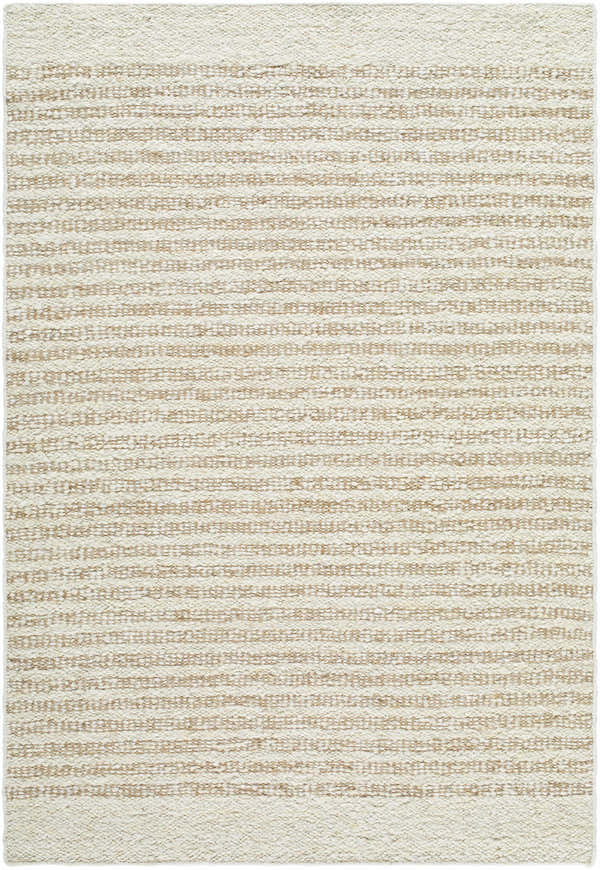 Close-up of the hand woven Arlais Striped Area Rug. Ash, desert sand, and pearl stripes create a farmhouse style. Design-Rectangle-5377