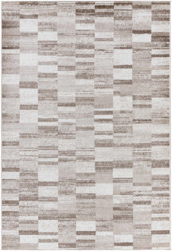 Close-up of the Cherie Light Brown Area Rug, a contemporary rug with light silver, sage, and silver gray tones. Design-Rectangle-5373