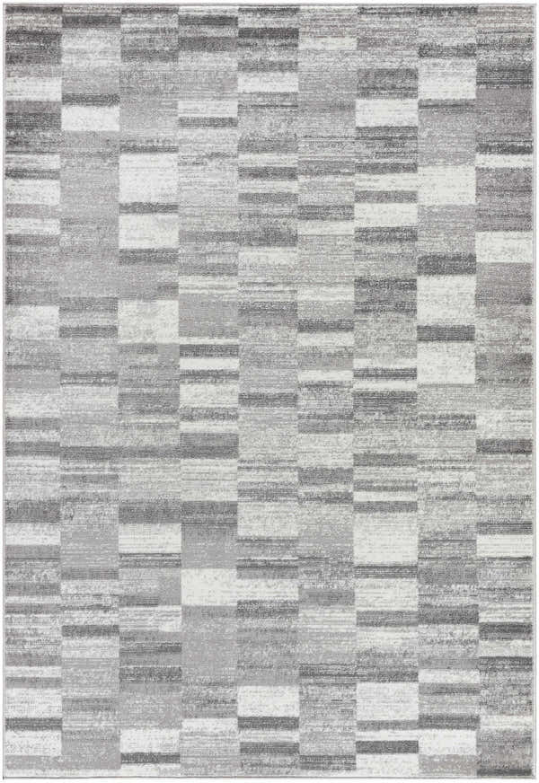 Close-up of the Cherie Medium Gray Area Rug featuring a contemporary geometric pattern in light silver and silver gray. Design-Rectangle-5373