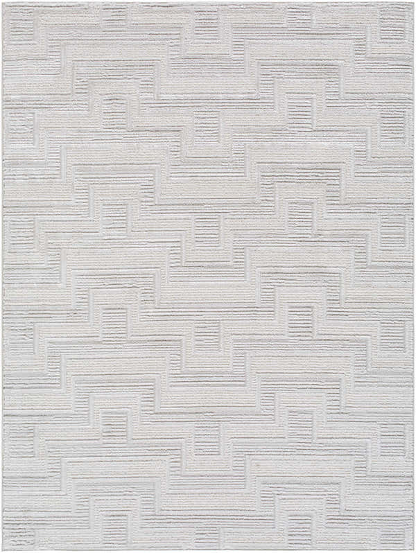 Close-up of the Cormac Area Rug. Cream and ivory rug with a contemporary geometric pattern and soft, textured pile. Design-Rectangle-537