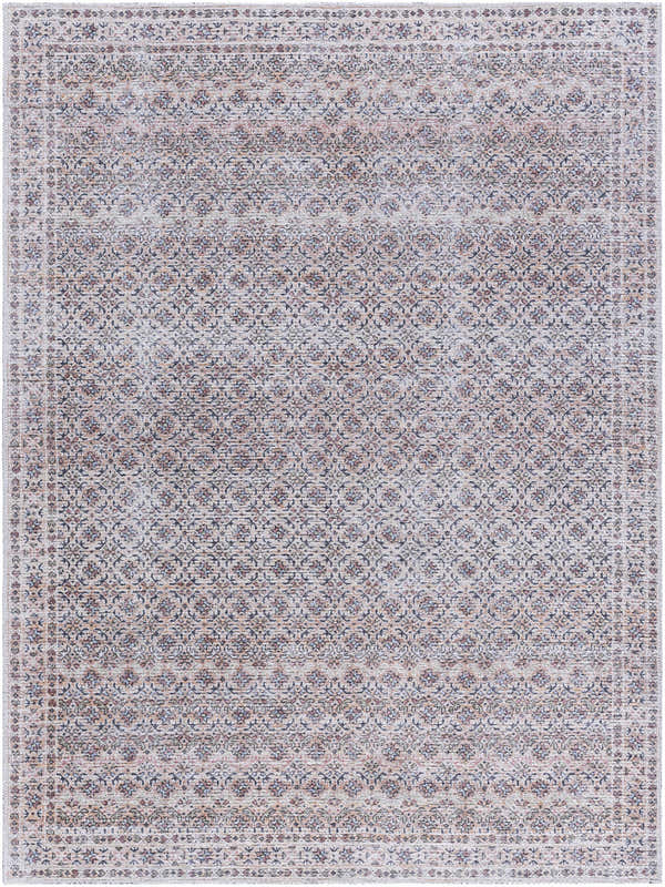 Agrata Washable Area Rug with a traditional floral pattern in beige, burnt orange, charcoal, cream, and gray. Design-Rectangle-537