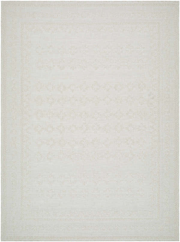 Close-up of the Ayunli Area Rug. Light silver rug with a subtle geometric pattern and textured border. Design-Rectangle-537