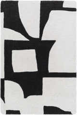 Close-up of the Celous Area Rug. Ivory wool rug with a bold, jet black abstract geometric design. Design-Rectangle-23