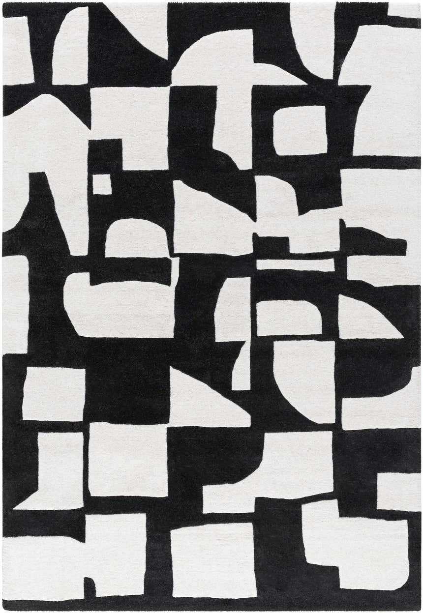 Close-up of the Celous Area Rug. Ivory and jet black wool rug with a bold, geometric, contemporary pattern. Hand-tufted texture. Design-Rectangle-576