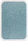 Close-up of the Chetan Light Blue Outdoor Rug. Aqua and cream textured weave with a white border. Rectangle shape. Design-Rectangle-537