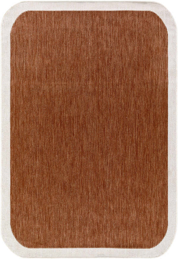 Close-up of the Chetan Brown Outdoor Rug. Shows the woven texture and cream border. Design-Rectangle-537