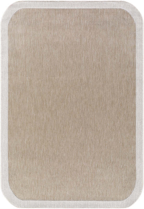 Close-up of the Chetan Tan outdoor rug. Cream border, tan woven texture, farmhouse style. Design-Rectangle-537