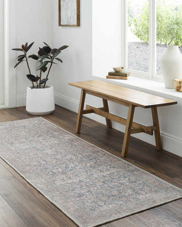 Entryway with Chicha Washable Area Rug runner in beige, gray, and salmon. Farmhouse style with wood bench and potted plant. Roomscene-Runner