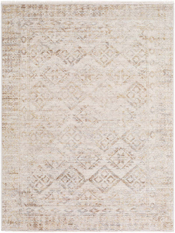 Close-up of the Cadell Area Rug, a beige and ivory farmhouse style rug with a traditional diamond pattern. Design-Rectangle-57