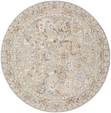 Close-up of a round Chikao Beige Area Rug with a traditional floral pattern in beige, cream, mustard, slate blue, and teal. Design-Round-53