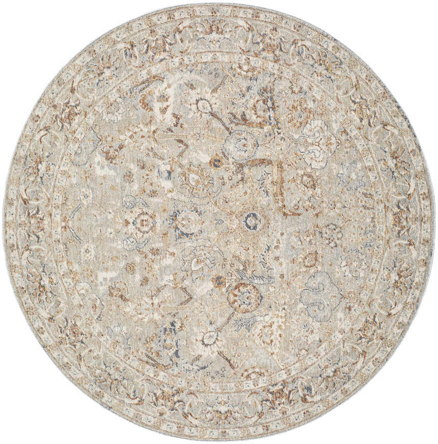 Close-up of a round Chikao Beige Area Rug with a traditional floral pattern in beige, cream, mustard, slate blue, and teal. Design-Round-53