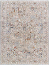 Close-up of the Chikao Beige Area Rug, a traditional rug with beige, cream, mustard, slate blue, and teal floral patterns. Design-Rectangle-710102