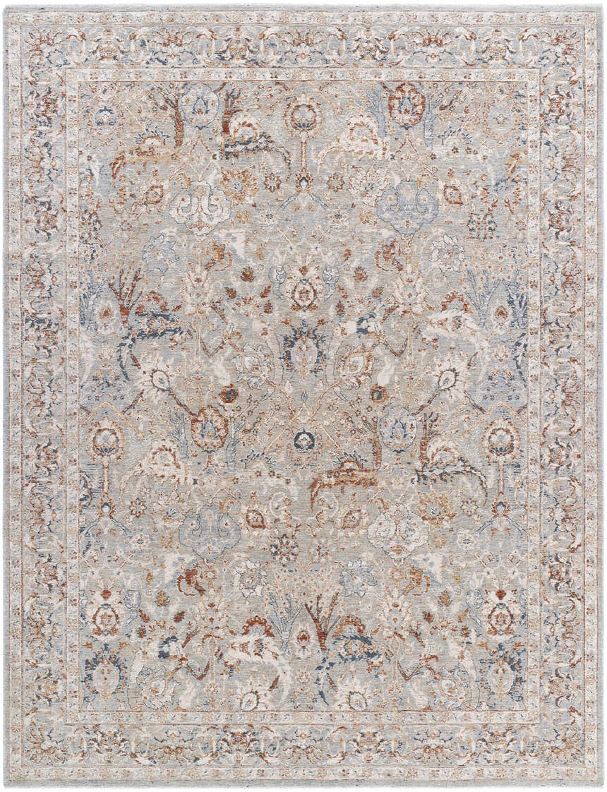 Close-up of the Chikao Beige Area Rug, a traditional rug with beige, cream, mustard, slate blue, and teal floral patterns. Design-Rectangle-710102