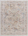 Close-up of the Chikao Beige Area Rug, a traditional rug with beige, cream, mustard, slate blue, and teal floral patterns. Design-Rectangle-710102