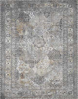 Close-up of Dagatan Washable Area Rug in beige, black, and gray. Features a traditional, distressed oriental pattern. Design-Rectangle