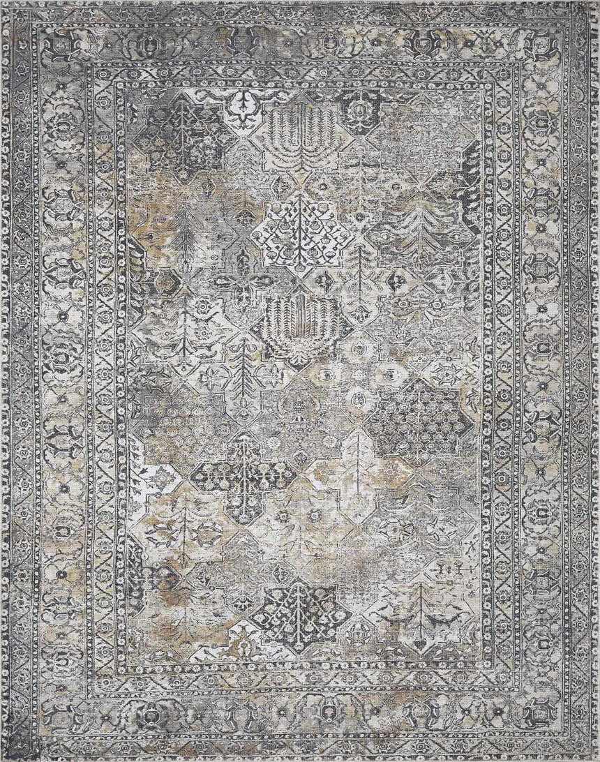 Close-up of Dagatan Washable Area Rug in beige, black, and gray. Features a traditional, distressed oriental pattern. Design-Rectangle